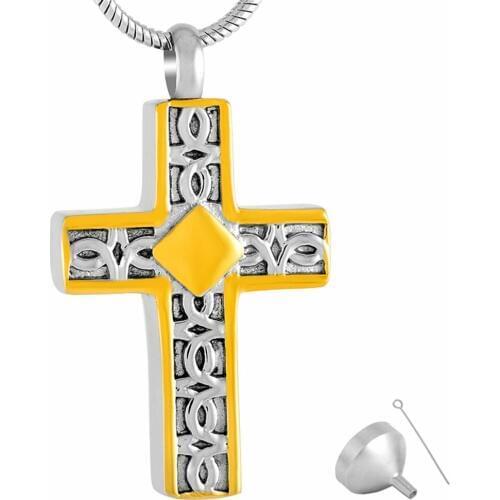 9220 Cremation Jewelry Urn Pendant Memorial Ash Keepsake Stainless Steel Necklace- Golden Gothic Cross