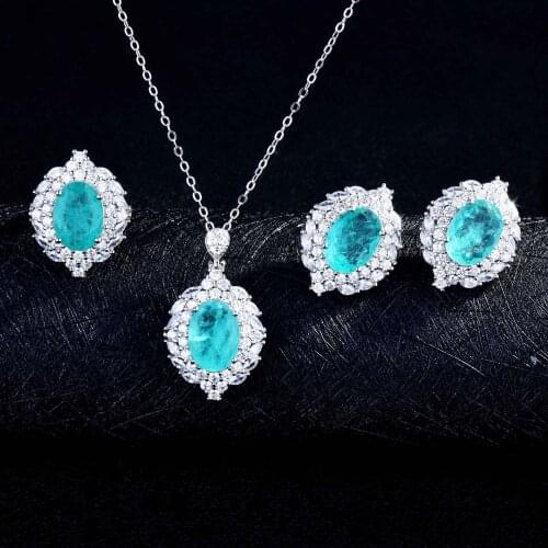 QTT Paraiba Jewelry Set Real 925 Sterling Silver Ring Oval Pendant Necklace Earring Sets Womens Charm Wedding Jewelry Set Trend