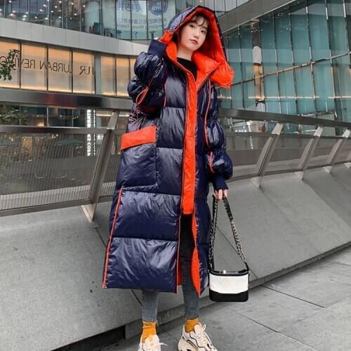 Korean fashion contrast color casual loose hooded warm bread jacket thickened shiny face long winter down jacket female trend