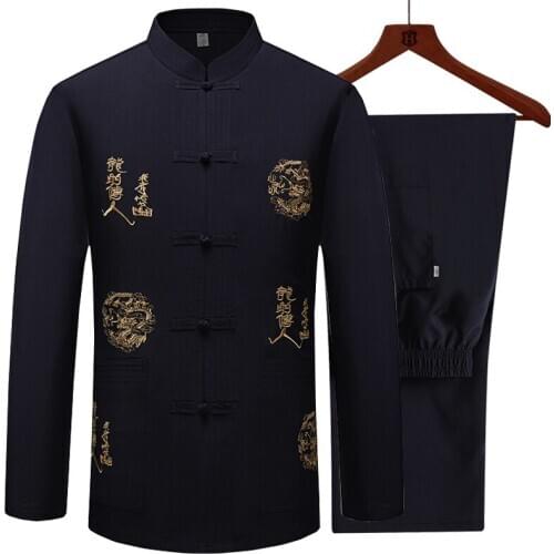Tang suit long-sleeved mens suit shirt Chinese embroidery Hanfu two-piece kung fu chinese traditional vestido chino tai chi
