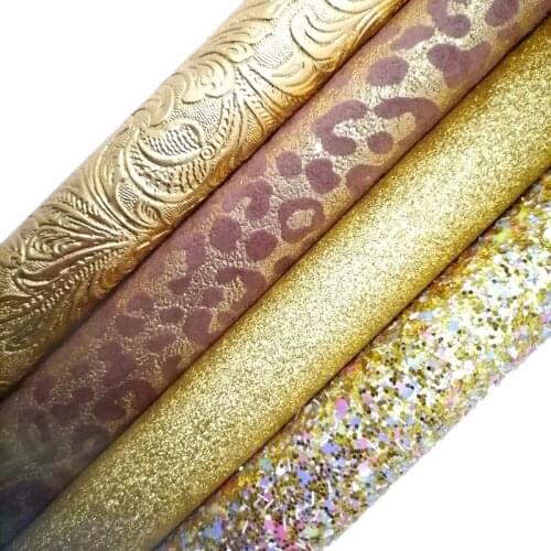 Gold Glitter leather, Leopard Soft Vinyl Fabric Sheets, Flowers Embossed Faux Leather Sheets For Bows DIY 21x29CM KM718