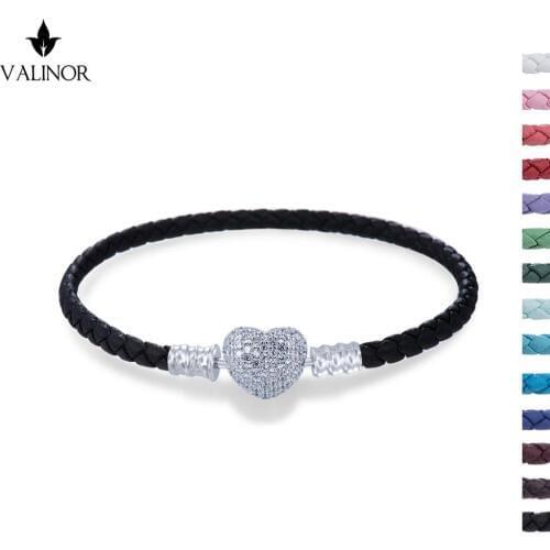 12 colors available Leather bracelet with Heart-shaped lock inlaid with zircon 925 Sterling Silver Bracelets BZSL005