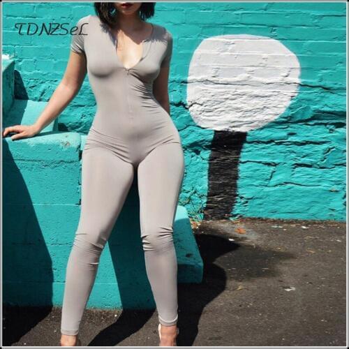 Summer Short Sleeve Women Skinny Jumpsuits Solid Color Elastic Slim Rompers Zipper Long Fitness Bodysuit New Sports Jogger Suits