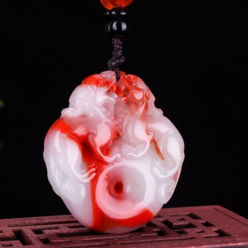 Fashion Red White Jade Double Pixiu Pendant Necklace Jewellery Chinese Hand-Carved Relax Healing Women Man Luck Gifts Amulet New