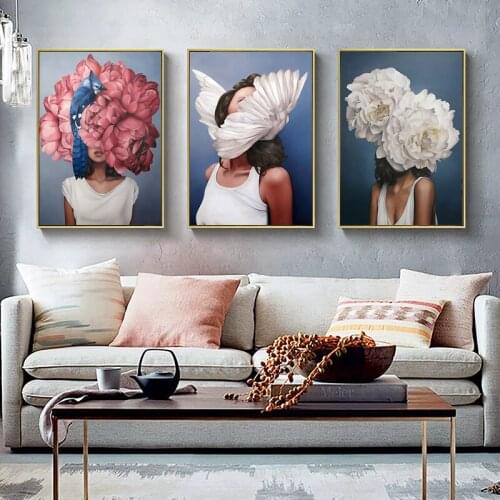 Flowers Feathers Woman Wall Art Canvas Painting Nordic Posters And Prints Wall Pictures For Living Baby Kids Room Decoration