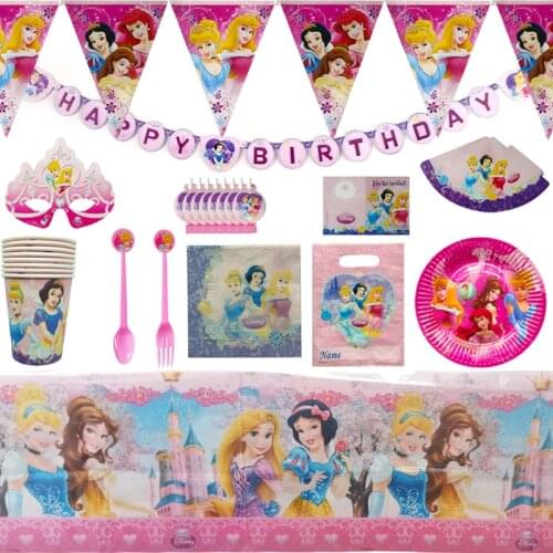 Disney Princess Theme Disposable Party Tableware Girl Birthday Party Decoration Paper Plate Cup Banner Children Baby Baptism