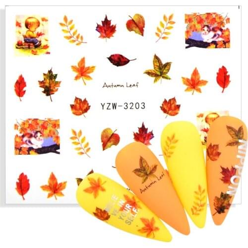 Fall Leaves Nail Art Stickers Gold Yellow Maple Leaf Water Decals Sliders Foil Autumn Design For Nail Manicure