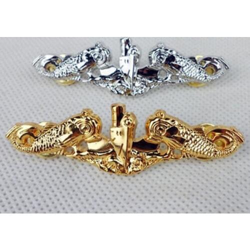 PAIR OF US NAVY OFFICERS SUBMARINE WARFARE INSIGNIA BADGE PIN GOLD HAT LAPEL
