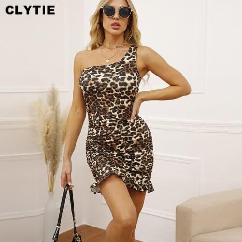 Clytie Sexy Leopard Print Dress Women One Shoulder Ladies Stretched Streetwear Styles Women 2021 Spring New Mini Dresses