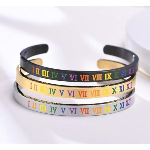 Stainless Steel Rainbow Roman Number Men Women Bracelet Bangle Gold Gay Jewelry Gift For Him