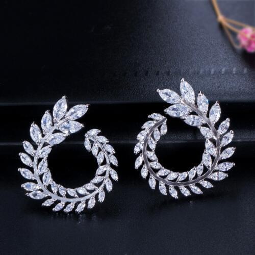 Trendy Zirconia crystal Sparkly Olive Branch Leaf Shape flower Earrings Big Stud Earrings For Women boucle d'oreille femme 2019