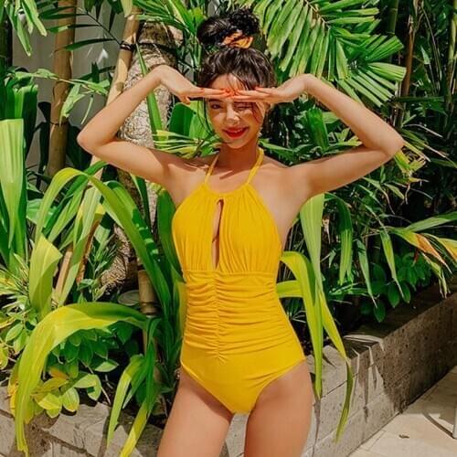 In The Wind Solid Yellow Halter One Piece Swimsuit Women Monokini Swimwear 2021 Sexy Lace Up Beach Bathing Suit