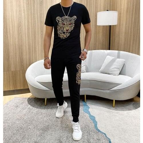 Rhinestones New high quality Tracksuits black Color Fashion Streetwear hot drilling man 2pcs sets 2021