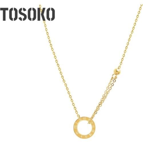 TOSOKO Stainless Steel Jewelry Roman Numeral Circle Pendant Double Chain Necklace Female Simple Clavicle Chain BSP616