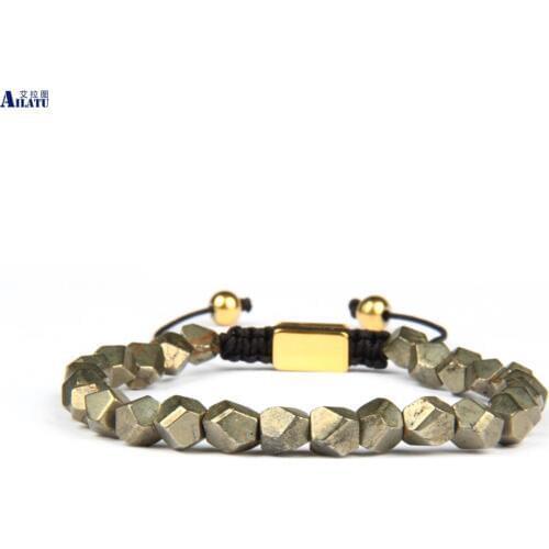Ailatu Unique Gifts, Mens Hand Cut Beaded Natural Pyrite Stone Macrame Bracelet Jewelry For Men and Women