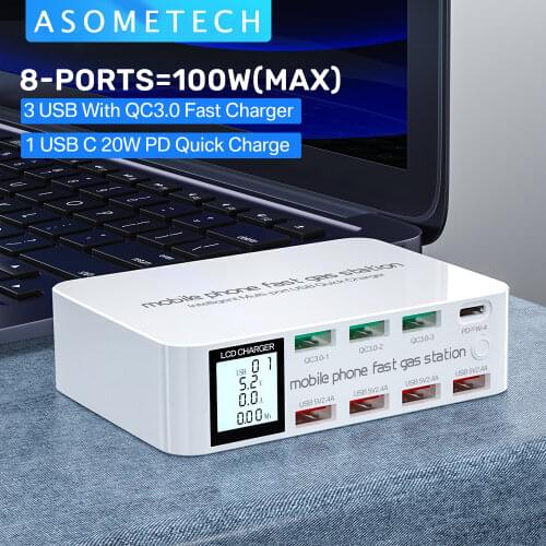 8 Ports Fast Charger 100W Quick Charge 3.0 USB Chager LED Digital Display Adapter HUB PD 3.0 USB C Charger For iPhone 11 Xiaomi