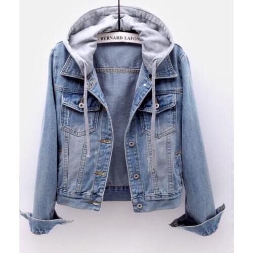 Womens Boyfriend Drawstring Denim Jacket Women Casual Denim Jacket Long Sleeve Denim Jacket Retro Hooded Pocket Jacket 2020 New