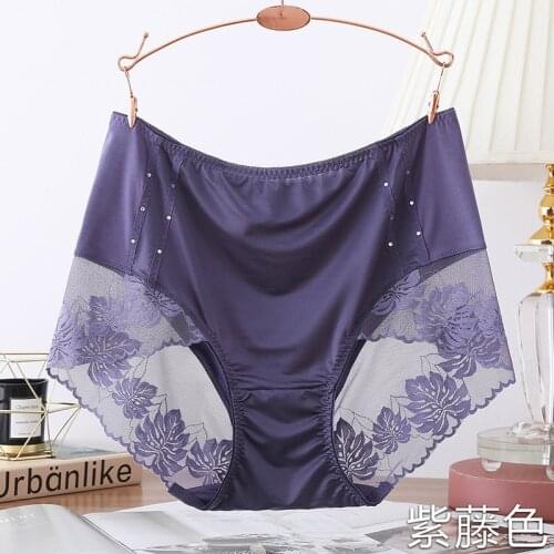 BS69 Graceful Soft Female Panties Traceless Luxury Satin Mid Waist Briefs Ice Silk Hollow Out Lace Big Size Underwear