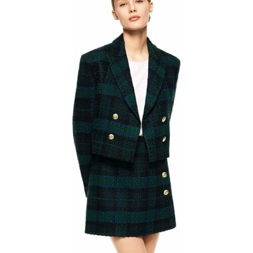 ZASpring Autumn Women 2 Pieces Plaid Skirts Blazer Set ZA Fashion Tops+Skirts Office Lady Double Breasted Suits Female Plus Size