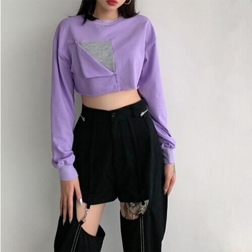 Women Autumn Batwing Long Sleeve Sweatshirt Harajuku Color Block Fake Pocket Tops Hip Hop Loose O-Neck Short Pullover Streetwear