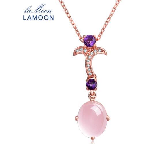 LAMOON Princess Pink Pendent Necklace For Women 100% Natural Gemstone Oval Rose Quartz 925 Sterling Silver Fine Jewelry NI013