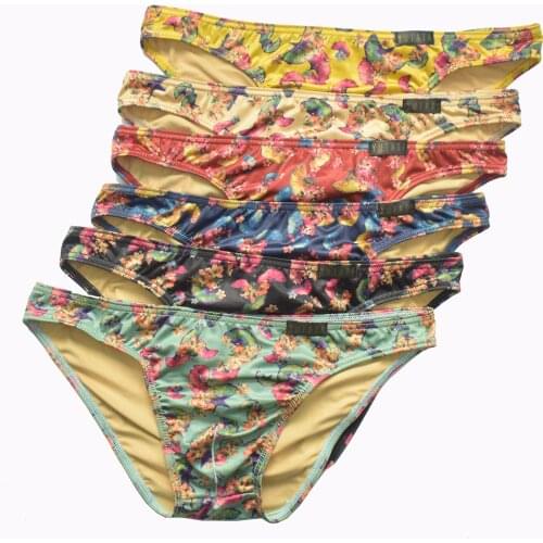 6Pcs/Lot Mens Underwear Briefs Sexy Male Panties Gay Mens Bikini Soft Brief Colorful Milk Silk Ginkgo Leaf Print Underpants