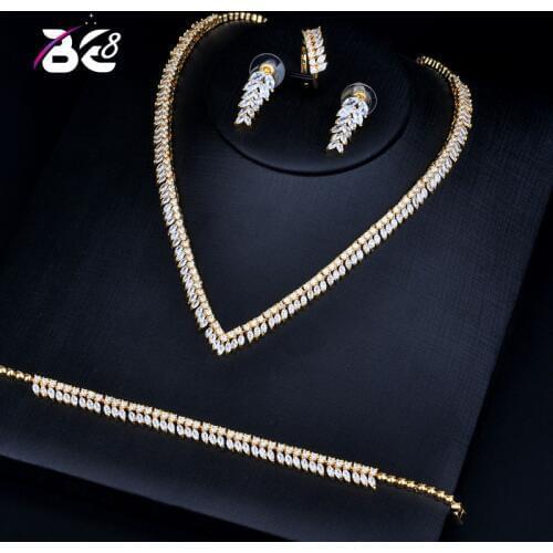 Be 8 Luxury Gold-color Real Micro Pave Setting AAA Cubic Zirconia Leaves Shaped 4pcs Dubai Jewelry Set for Dinner Party S130
