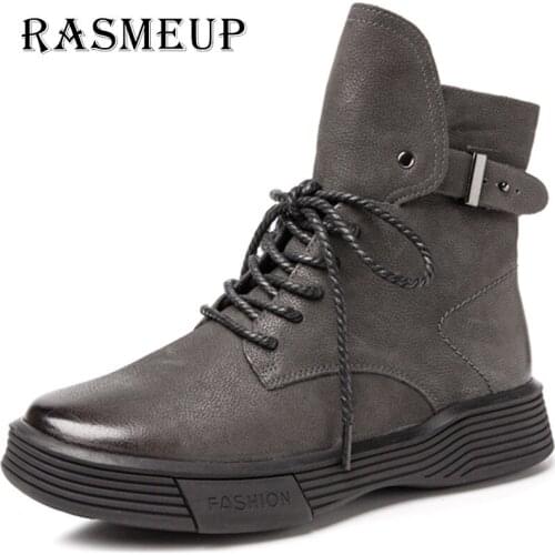 RASMEUP Casual Boots Women Winter Shoes Genuine Leather Lace Up Retro Boots Trendy Women Fretwork Riding Boots Gift Hight End