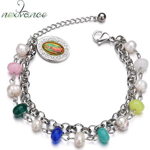 Nextvance Religious Virgin Mary Pendant Bracelet Red Tassel Imitation Pearl Rosary Beaded Bracelets for Girl Protection Gift