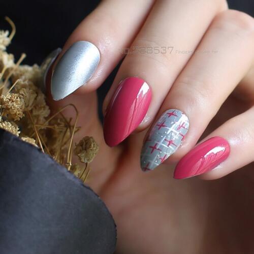 Silver pearl fake nails gray sharp Cute pattern Nude false nails 24pcs Boxed Easy to wear with Nail file red nail tip