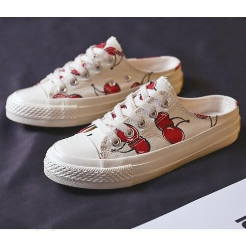 Half Drag Summer Canvas Shoes Women Lace Up White Sneakers Women Breathable Breathable Vulcanize Shoes Slippers Walking