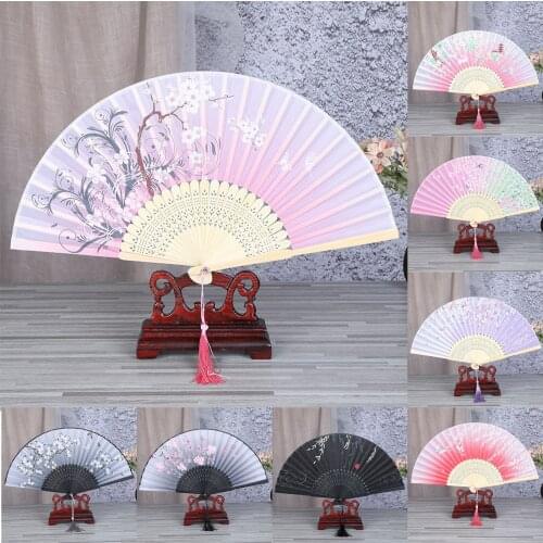 Chinese Japanese Style Folding Fan Wooden Shank Classical Dance Fan High Quality Art Craft Gift Tassel Elegent Female Hand Fan