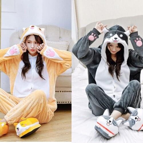 HKSNG Kigurumi Adults Women Men Animal Corgi Husky Onesies Pajama Flannel Cartoon Dog Cosplay Warm Winter Homewear Jumpsuit