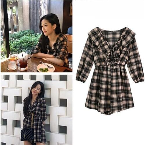 Kpop Seo Yea Ji IU Lee Ji Eun summer Korean V-neck plaid high waist dress women sweet streetwear dresses female Harajuku clothes