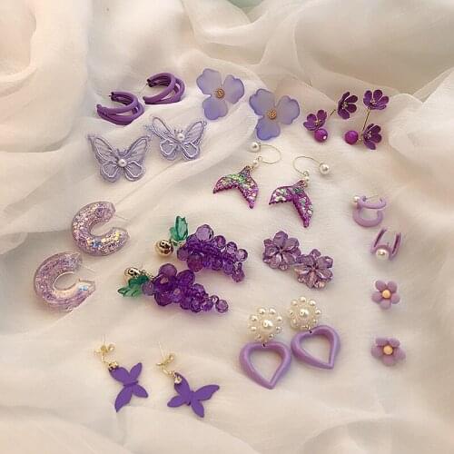 Needle Fashion Jewelry Earrings Fairy Purple Butterfly Resin Enamel Flower Grape Elegant Dangle Drop Earrings Party Gift