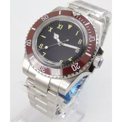40mm Black Sterile Dial Domed Glass 21 Jewels MIYOTA 8215 Movement Glass Back Ceramic Insert Automatic Mens Wristwatch