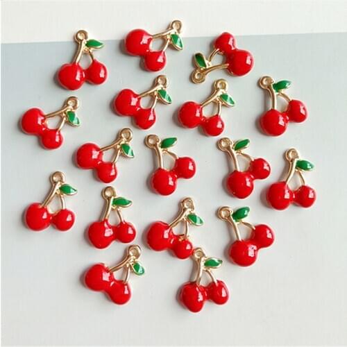 Set of 30 BULK RED Cherry Charms Summer Fruit Pendant Cherries with Leaves 13*17mm Rockabilly Charms Cherry SC37DG