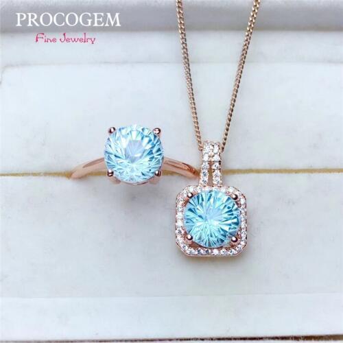 Natural Blue Topaz fine Jewelry 2Pcs sets for OL Women Party gifts Rose Gold Necklace Ring Real gems 925 Sterling Silver #639