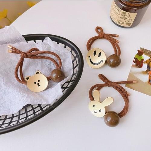 Girls Simple Temperament Hair Ties Alloy Smiley Elasticity Hair Rope Cute Cartoon Bear Rabbit Female Hairband Hair Accessories