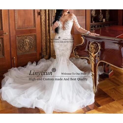 Modern Mermaid Lace Wedding Dresses Illusion Long Sleeves vestido de noiva Lace Appliques Slim Formal Bridal Gowns Plus Size