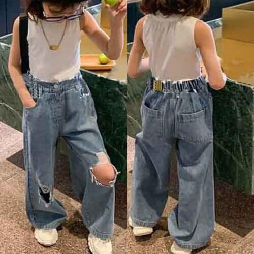 Spring Summer Girls Jeans Baby Denim Pants Kids Trousers Children Jeans Streetwear Fashion Hot Hole Ripped Tassel 2 To 7 Yrs