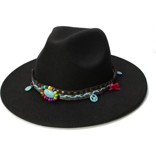 LUCKYLIANJI Retro Women Men Vintage 100% Wool Wide Brim Cap Fedora Panama Jazz Bowler Hat Turquoise Leather Band(57cm/Adjusted)