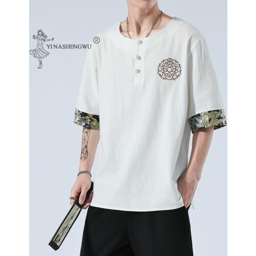 Japanese Kimonos Summer 6 Colors Short-Sleeved T-shirt Harajuku Yukata Japan Embroidered Linen Men Shirts Trousers Asian Costume