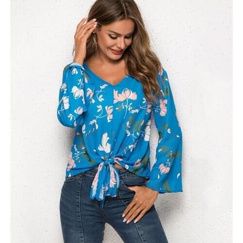 2020 Floral Printed Long Sleeve V-neck Blouse Elegant Women Blouses Ladies Shirts Blusas Chemisier Femme Hot Sale