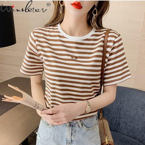 Summer 2021 Cotton T-shirt Women Striped Cute Embroidery Slim Waist Casual Tops Tees Short Sleeve Multi Colors T17114A