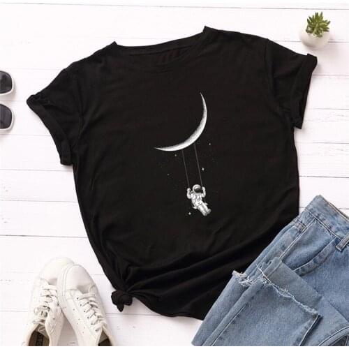 Women O Neck Short Sleeve Summer T-Shirt Pink Tops Casual TShirt New Moon Astronaut Print T Shirt