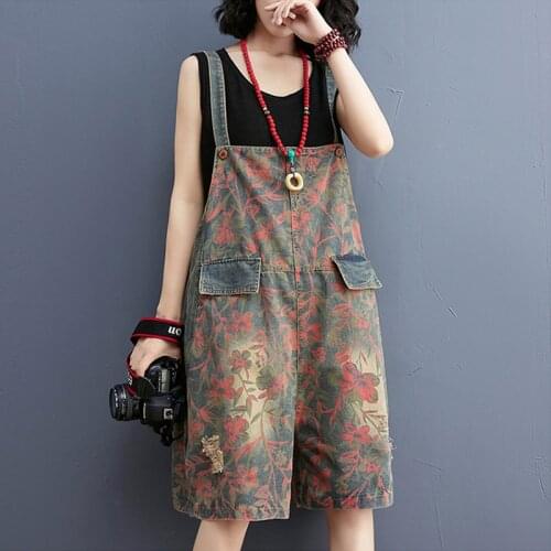 Johnature Women Print Floral Denim Jumpsuit Casual Loose High Waist Make Old Pocket Jeans 2021 Summer New One Piece Shorts