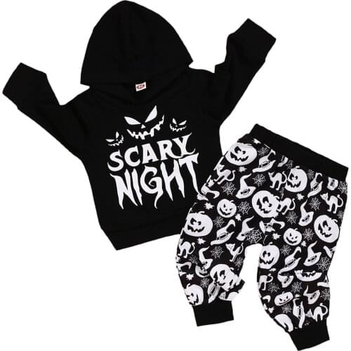 1-4T 2Pcs Halloween Day Ghost Print Cartoon Festival Costumes Long Sleeve Hooded Collar Sweatshirt Tops+Pants Sets