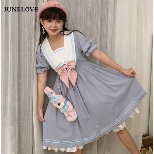 JuneLove Summer Japanese Lolita Dress Women College Style Sweet Cute Kawaii Puff Sleeve A-line Casual Bowknot Princess Vestidos