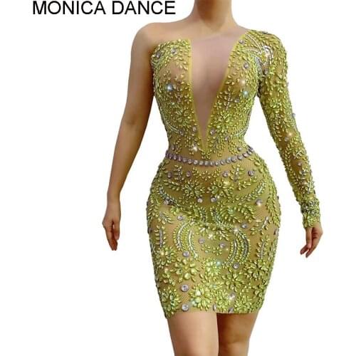Women Sexy Stage Rhinestones Transparent Mesh Dress Evening Birthday Celebrate Outfit Performance Dancer Party Show Dress